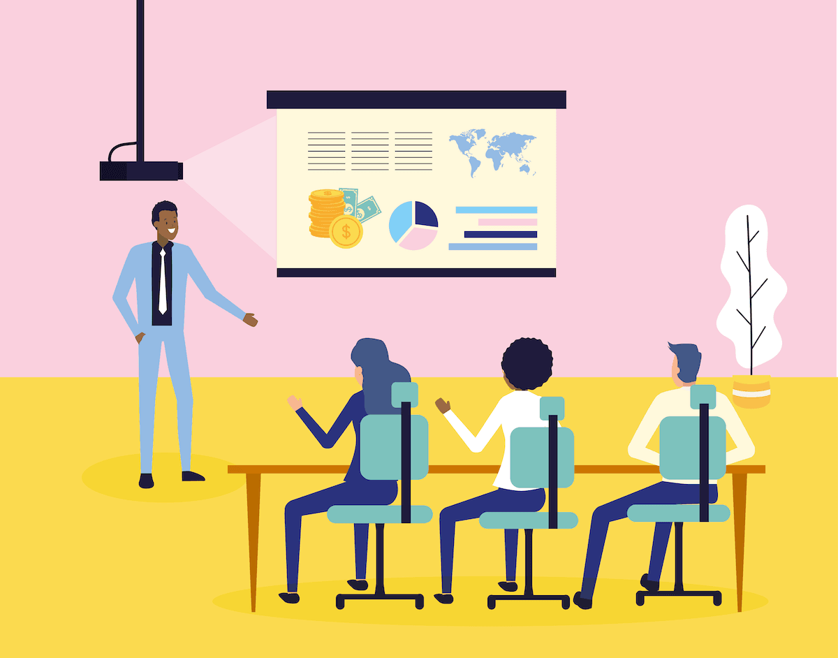 Illustration of a corporate team presentation. Single presenter with a slide talking to three attendees. 