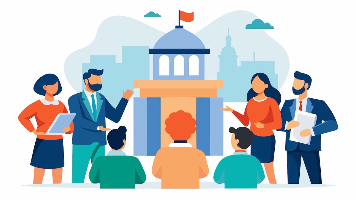 Illustration of a group of people meeting about public policy, advocacy, and lobbying in front of a civic building. 