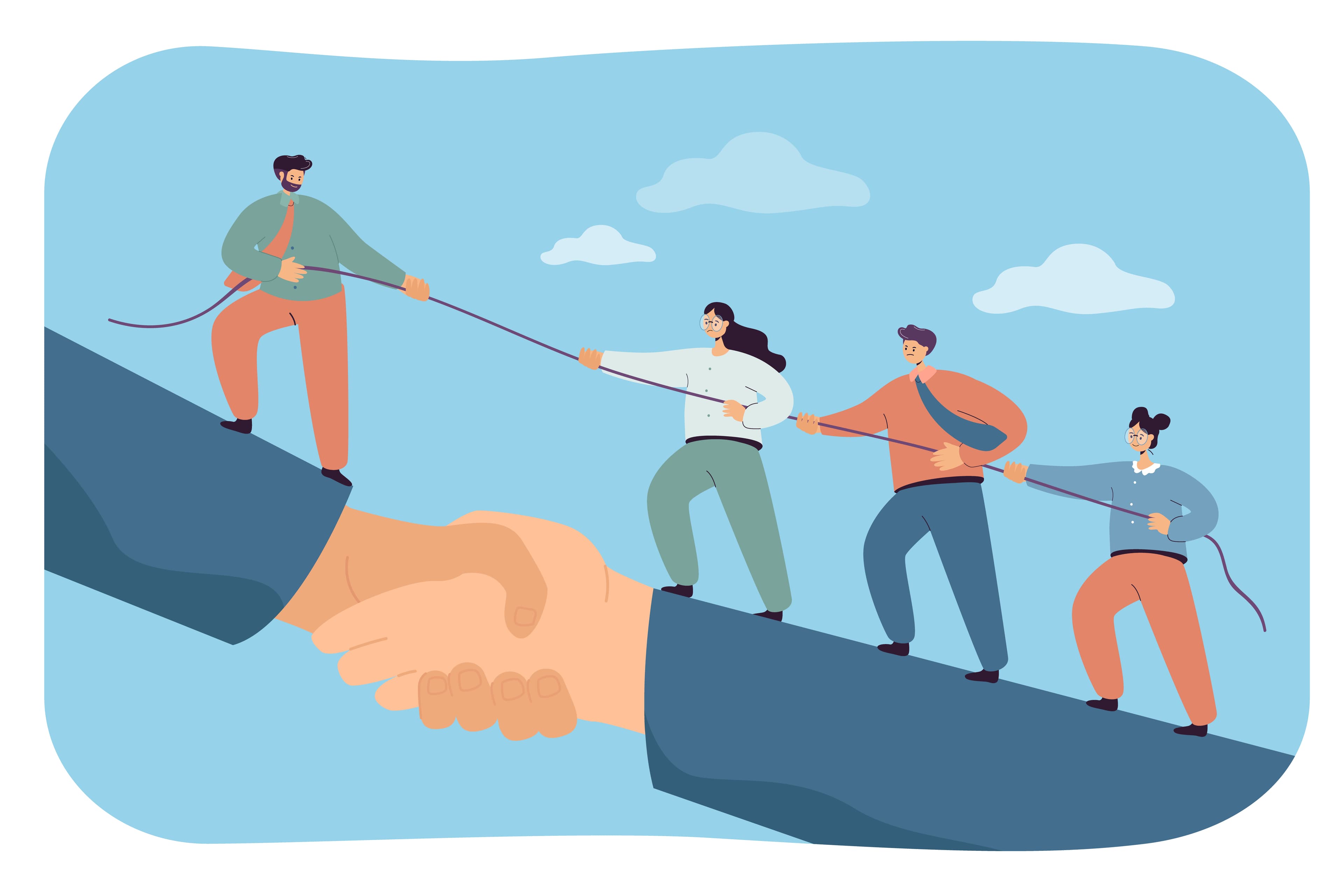 Illustration of one person pulling three other people on a rope on top of linked arms